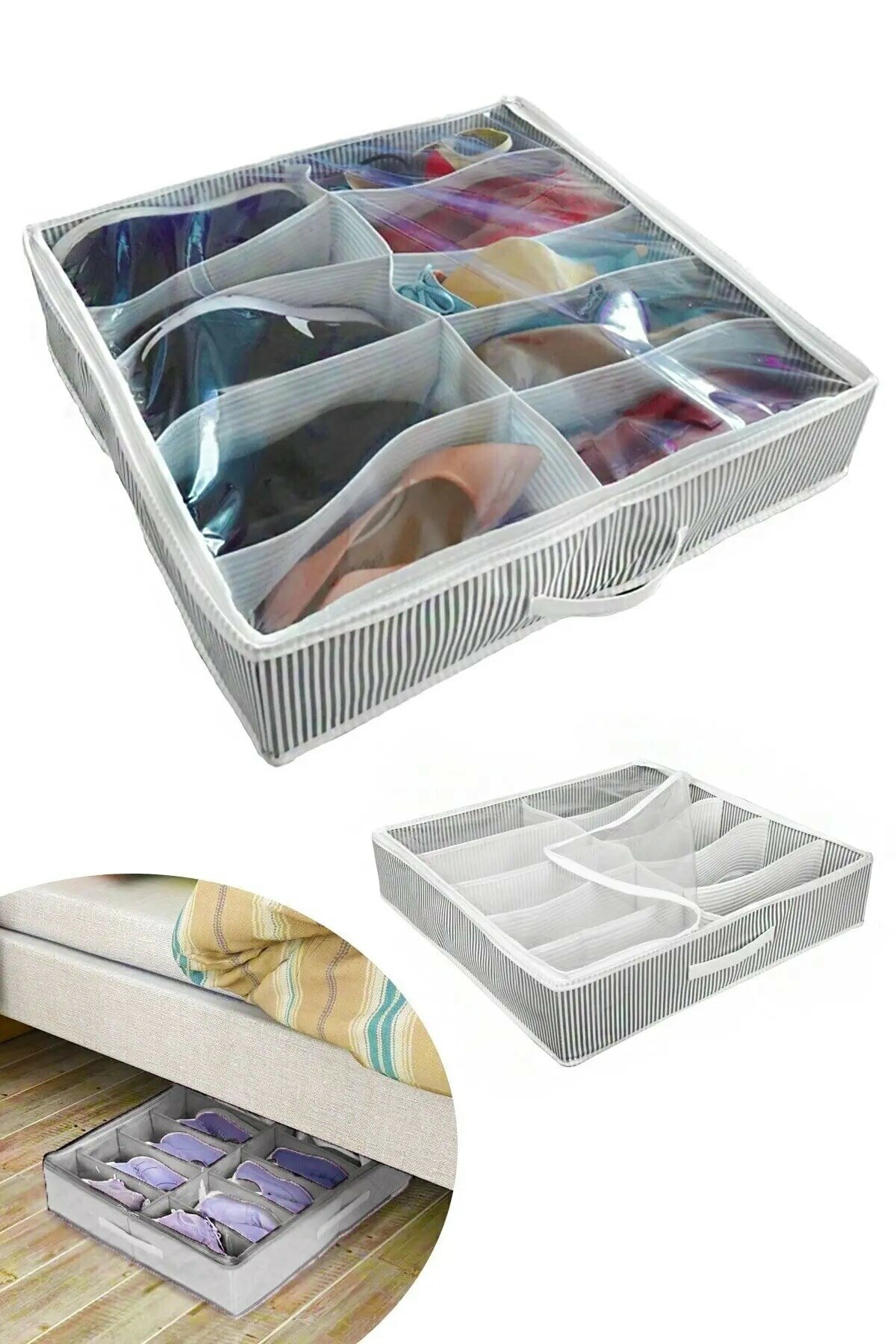 Ayakkabı Saklama Çantası 10 Bölmeli Shoes Under Ayakkabı Hurcu - Siyah Beyaz (4812)