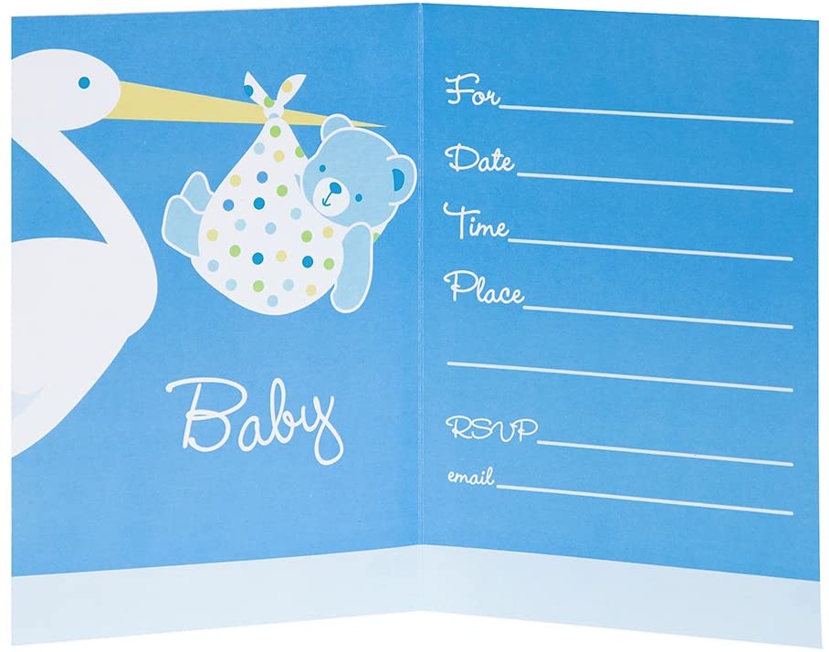 Baby Boy Stork Temalı Mavi Renk Baby Shower Davetiye 8 Adet (4812)
