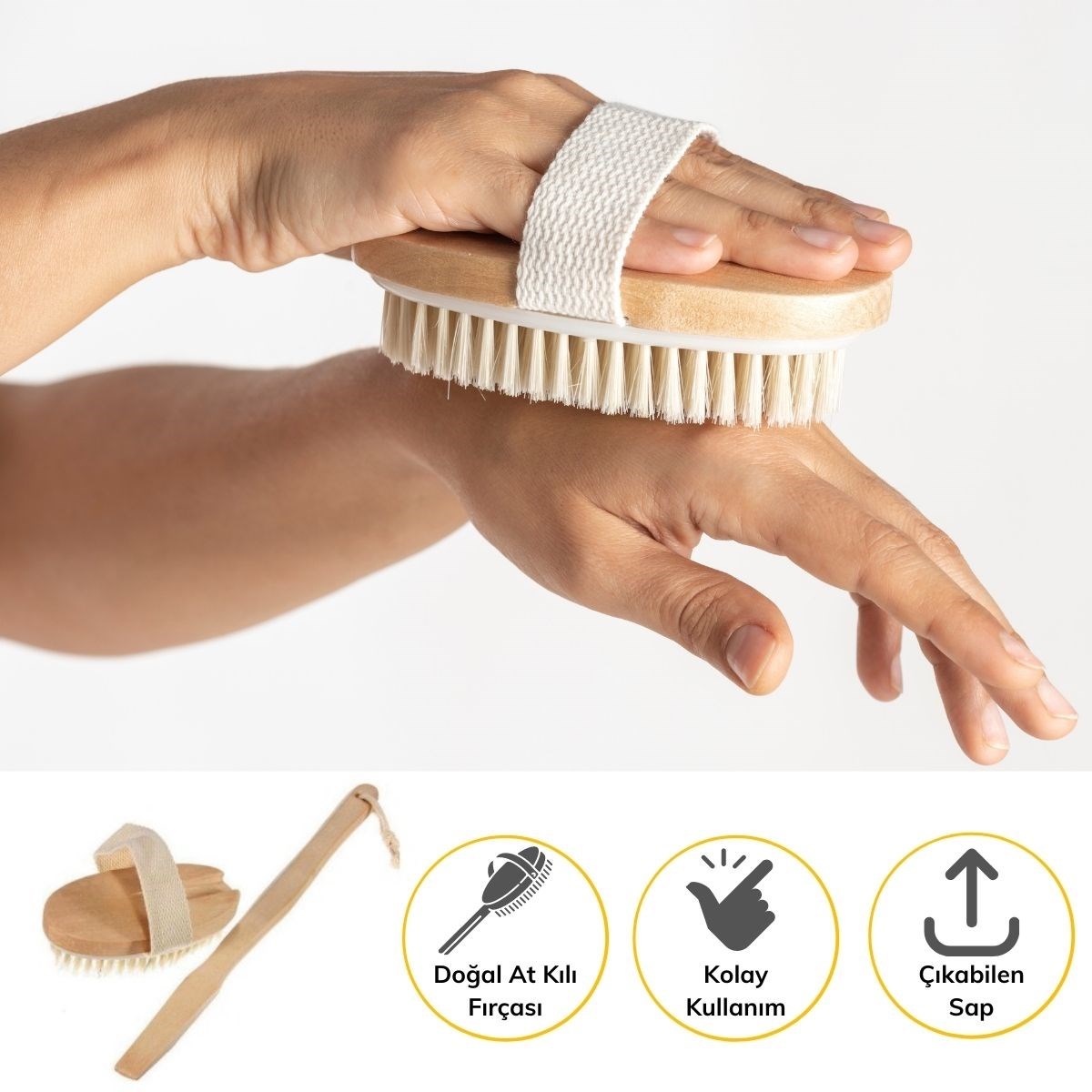 Doğal At Kılı Selülit Karşıtı Sapı Çıkabilen Ahşap Banyo Fırçası (4812)