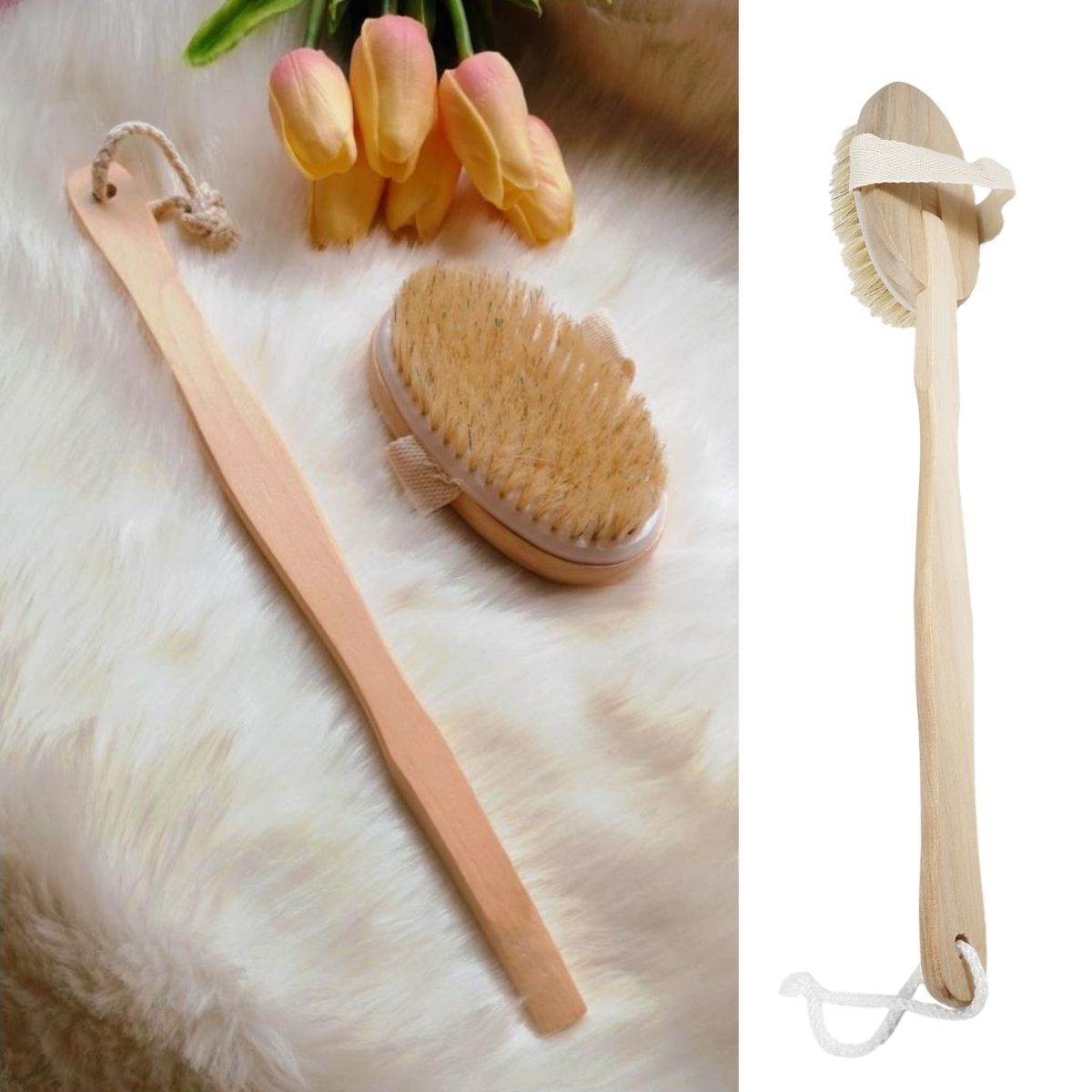 Doğal At Kılı Selülit Karşıtı Sapı Çıkabilen Ahşap Banyo Fırçası (4812)