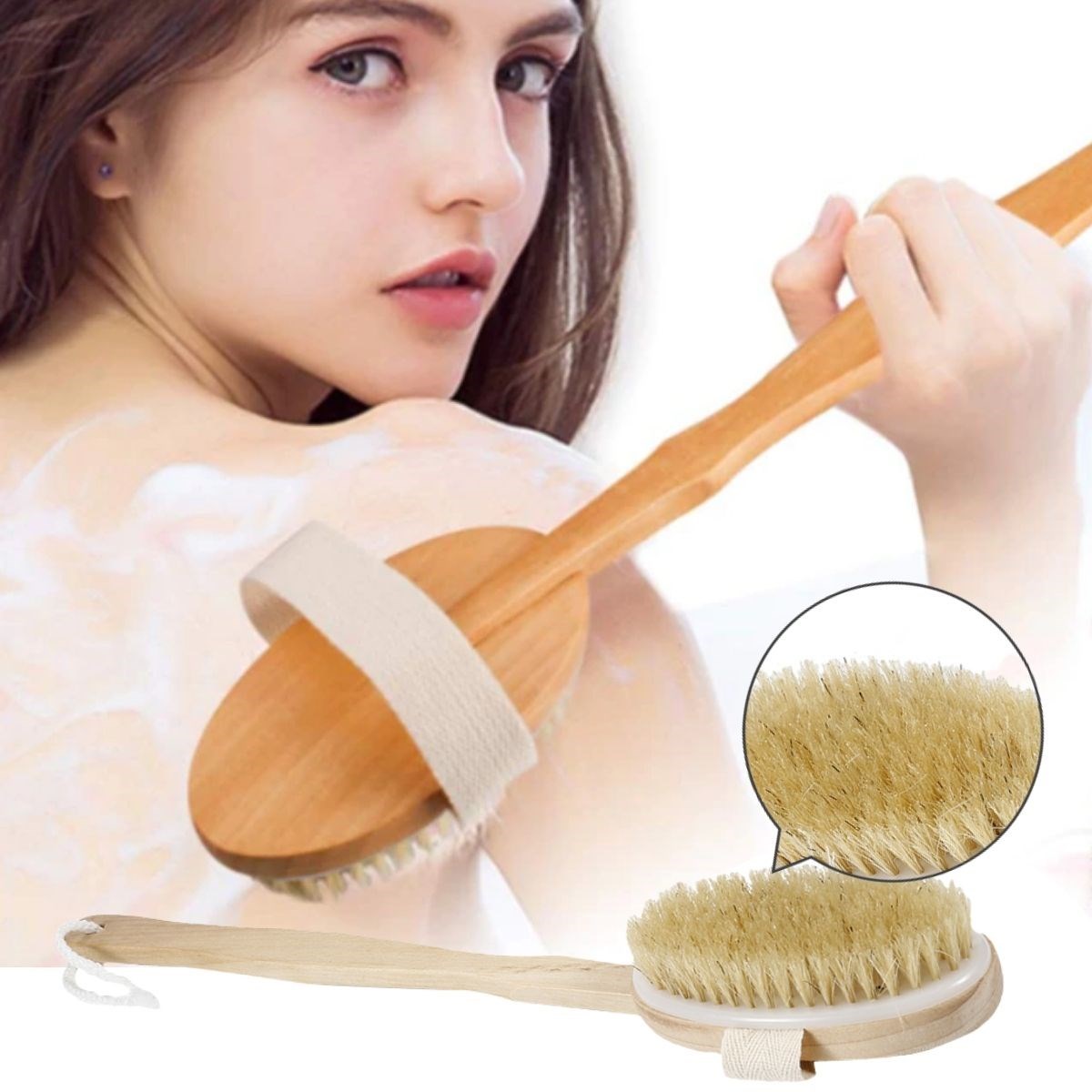 Doğal At Kılı Selülit Karşıtı Sapı Çıkabilen Ahşap Banyo Fırçası (4812)