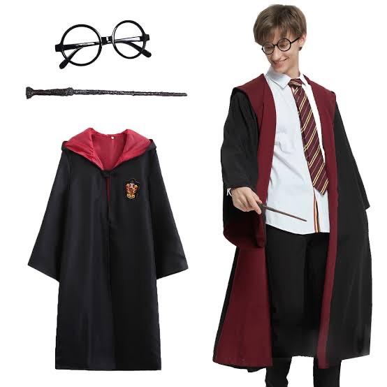 Harry Potter Gryffindor Kapişonlu Çocuk Kostüm + Asa + Gözlük Seti 5-6 Yaş (4812)