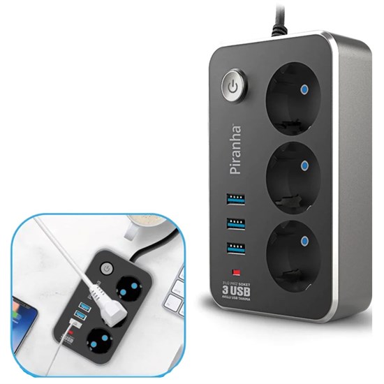 Isıya Dayanıklı Termal Akım Korumalı 2 Mt 10A 2500W 3lü Priz ve 3 Usbi 2.1A Uzatma Kablosu (4812)