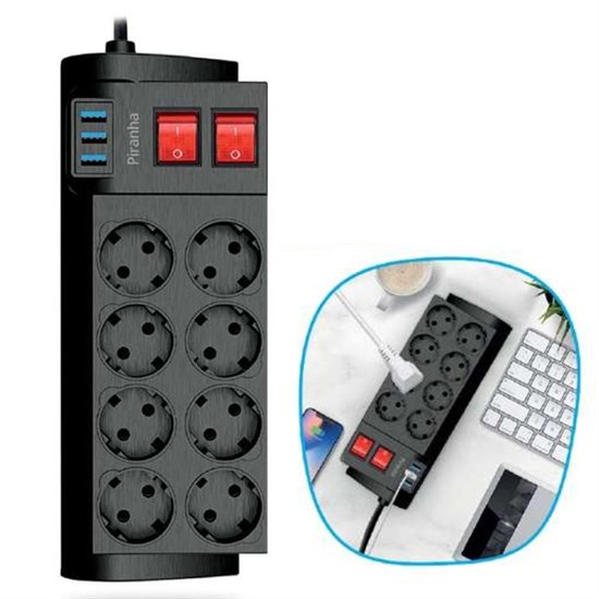 Isıya Dayanıklı Termal Akım Korumalı 2 Metre 16A 4000W 8li Priz ve 3 Usb Li Uzatma Kablosu (4812)