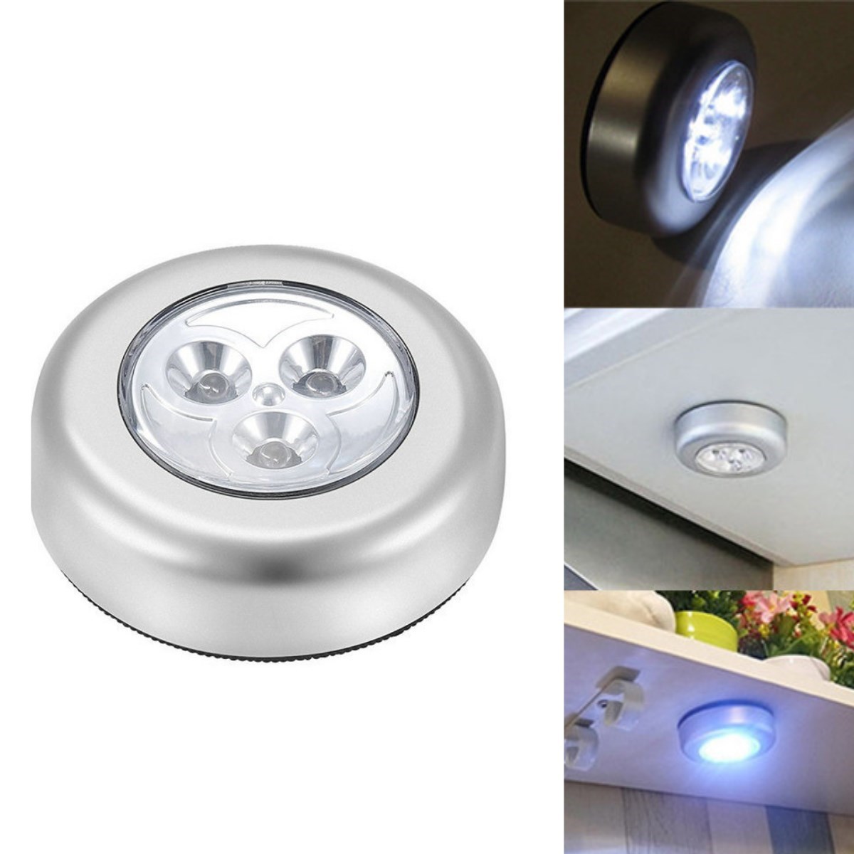 Kablosuz Spot Pilli Dokunmatik Led Lamba 3 Ledli Dolap Lambası (4812)