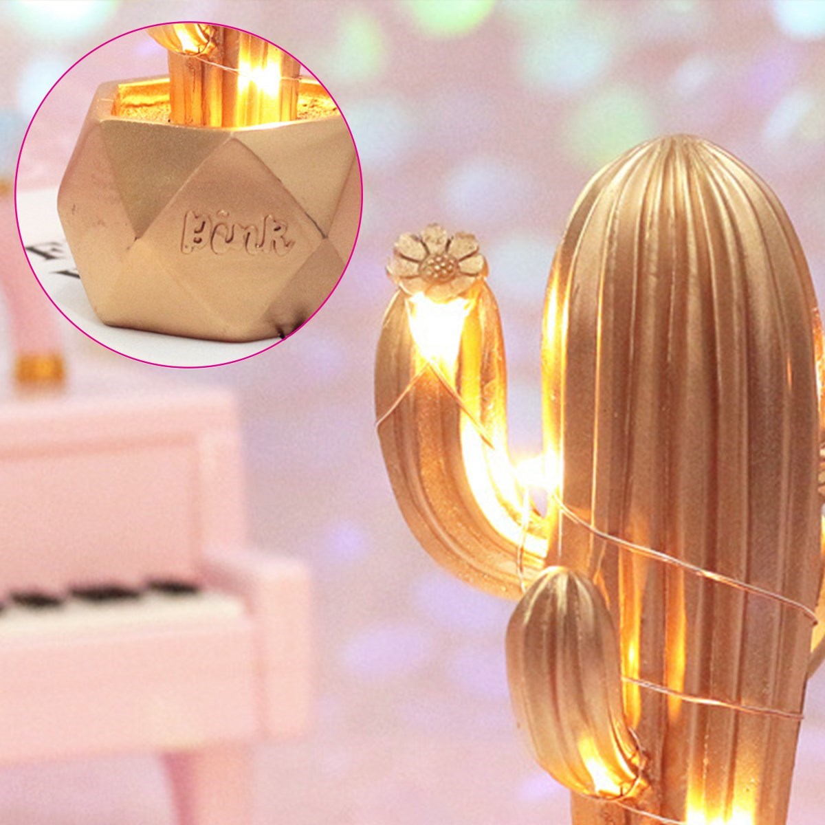 Led Işıklı Sevimli Kaktüs Dekoratif Masa Lambası Mini Biblo Gece Lambası-GOLD (4812)