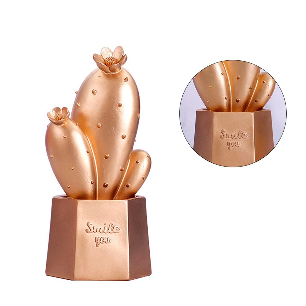 Led Işıklı Sevimli Kaktüs Dekoratif Masa Lambası Mini Biblo Gece Lambası Gold (4812)