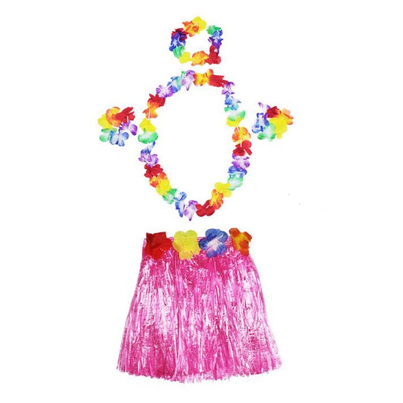 Luau Aloha Hawaii  Kolye Etek Taç ve Bileklik Seti Pembe (4812)