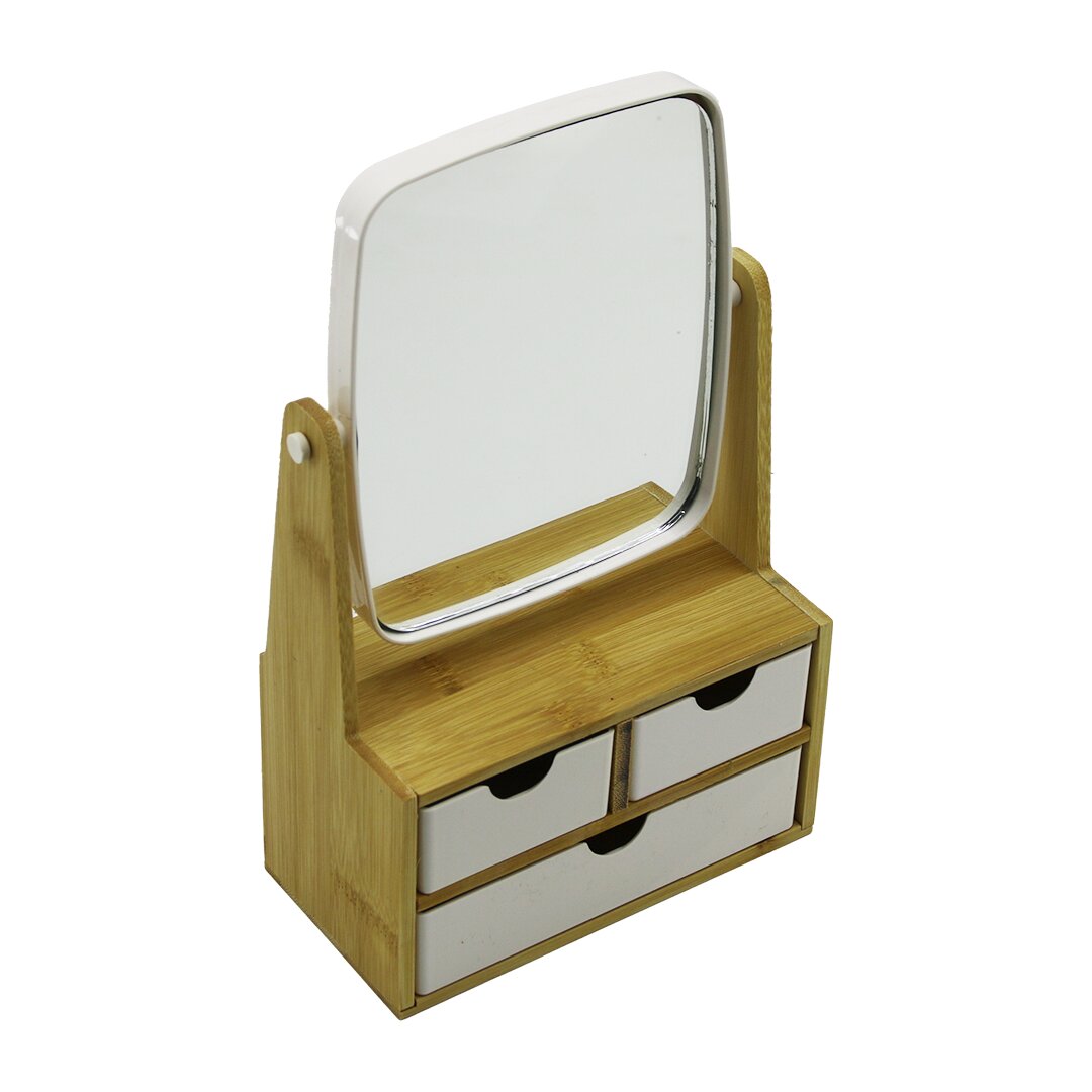 3 ÇEKMECELİ BAMBU AHŞAP STANDLI=9X9.5X18X21.5CM MAKYAJ AYNASI=15X18CM TAKILIK 2+1 ORGANİZER (4812)