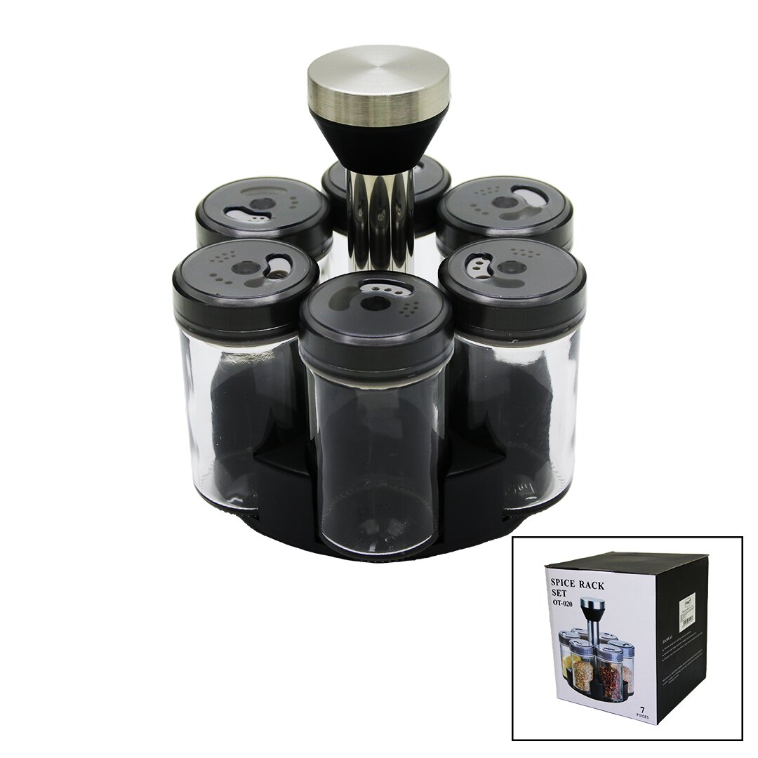 6 PARÇA  YUVARLAK CAM - PLASTİK KAPAK TULUK - BAHARATLIK DÖNER STANDLI (4812)