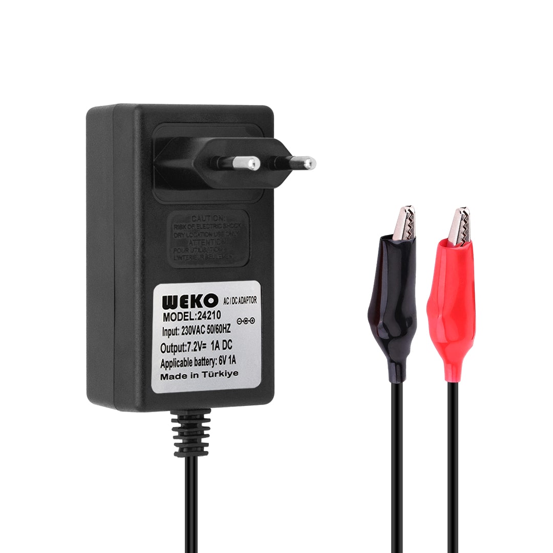 7.2 VOLT - 1 AMPER KROKODİL UÇLU PRİZ TİP KIRMIZI YEŞİL LEDLİ YERLİ ÜRETİM AKÜ ŞARJ ADAPTÖRÜ (OUT:6V1A) (4812)