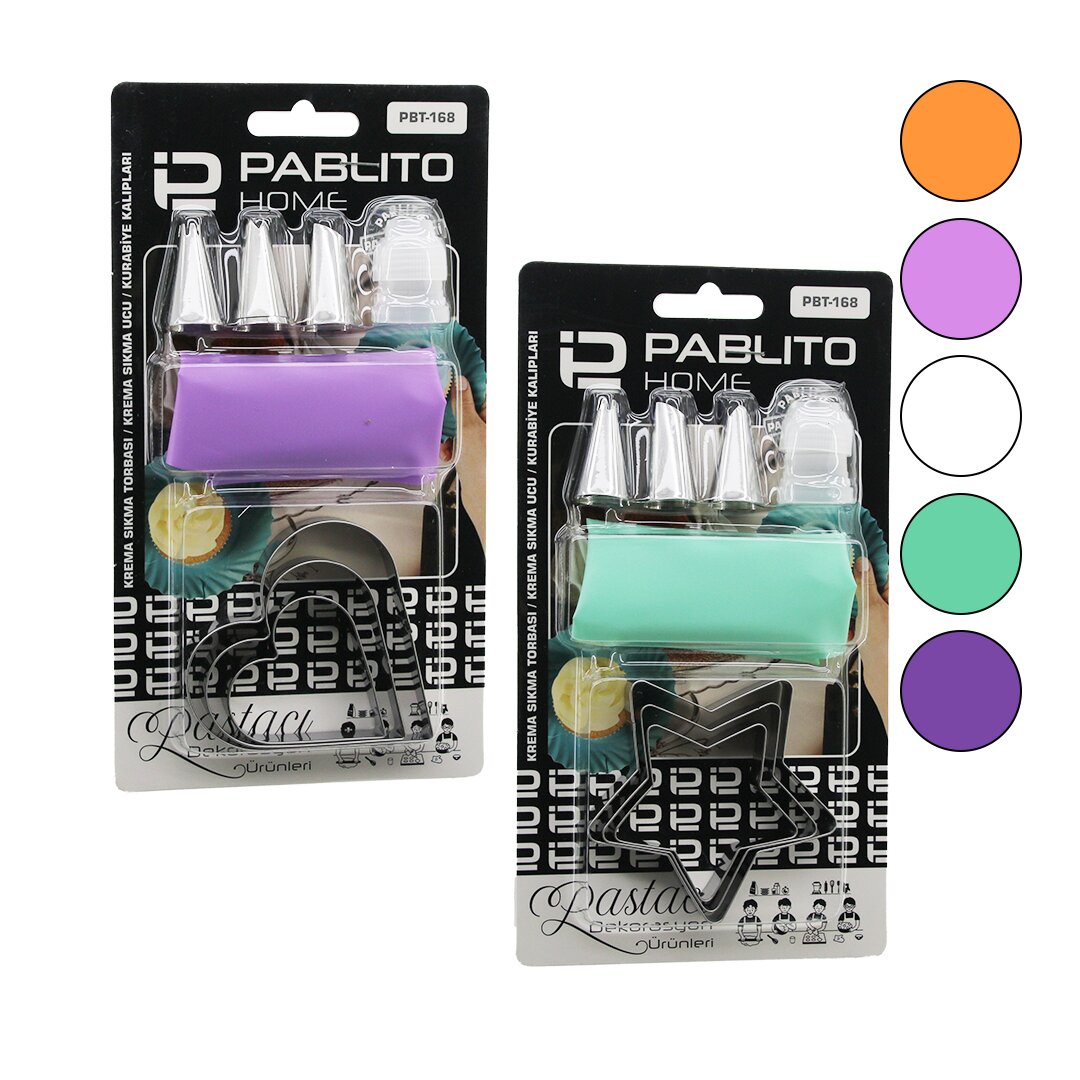 8PCS PASTA SÜSLEME DEKORASYON SETİ=KREMA TORBASI - METAL UÇ - KURABİYE KALIP=KALP-YILDIZ (4812)