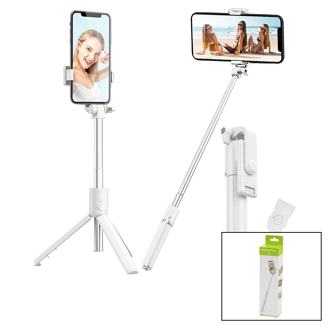 BEYAZ  SELFİ ÇUBUK - TRİPOD AYAKLI  57CM UZAYAN-KISALAN SAPLI + 10CM =67CM (4812)
