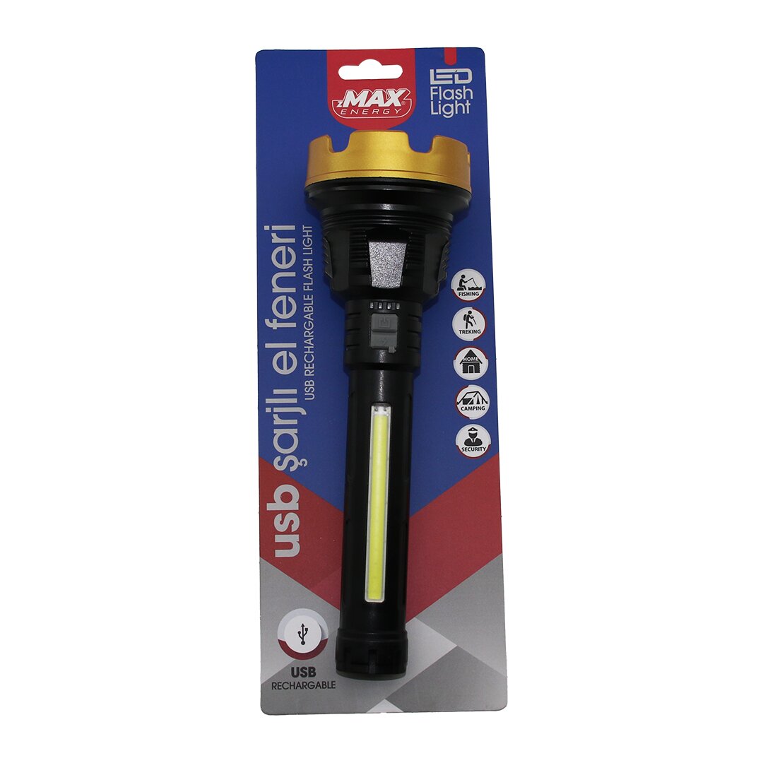 BÜYÜK=24CM 2İN1= OSL LED - COB LED USB ŞARJLI EL FENERİ 3-KADEME IŞIK - FLAŞÖR ŞARJ GÖSTERGE (4812)