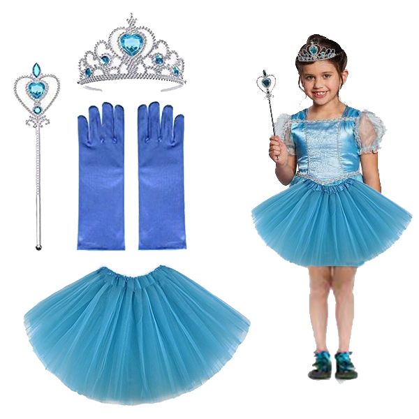 Çocuk Elsa Kostümü Elsa Eteği Eldiveni Tacı ve Asası 4 lü Set (4812)
