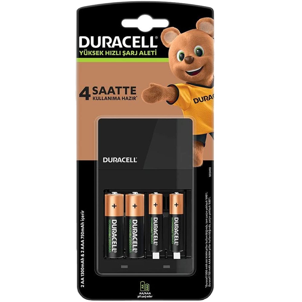 DURACELL CEF-14 HIZLI PİL ŞARJ CİHAZI (PİLLİ)(AA- AAA)(2 ADET X750 MA AAA + 2 ADET X1300 MA AA PİL) (4812)