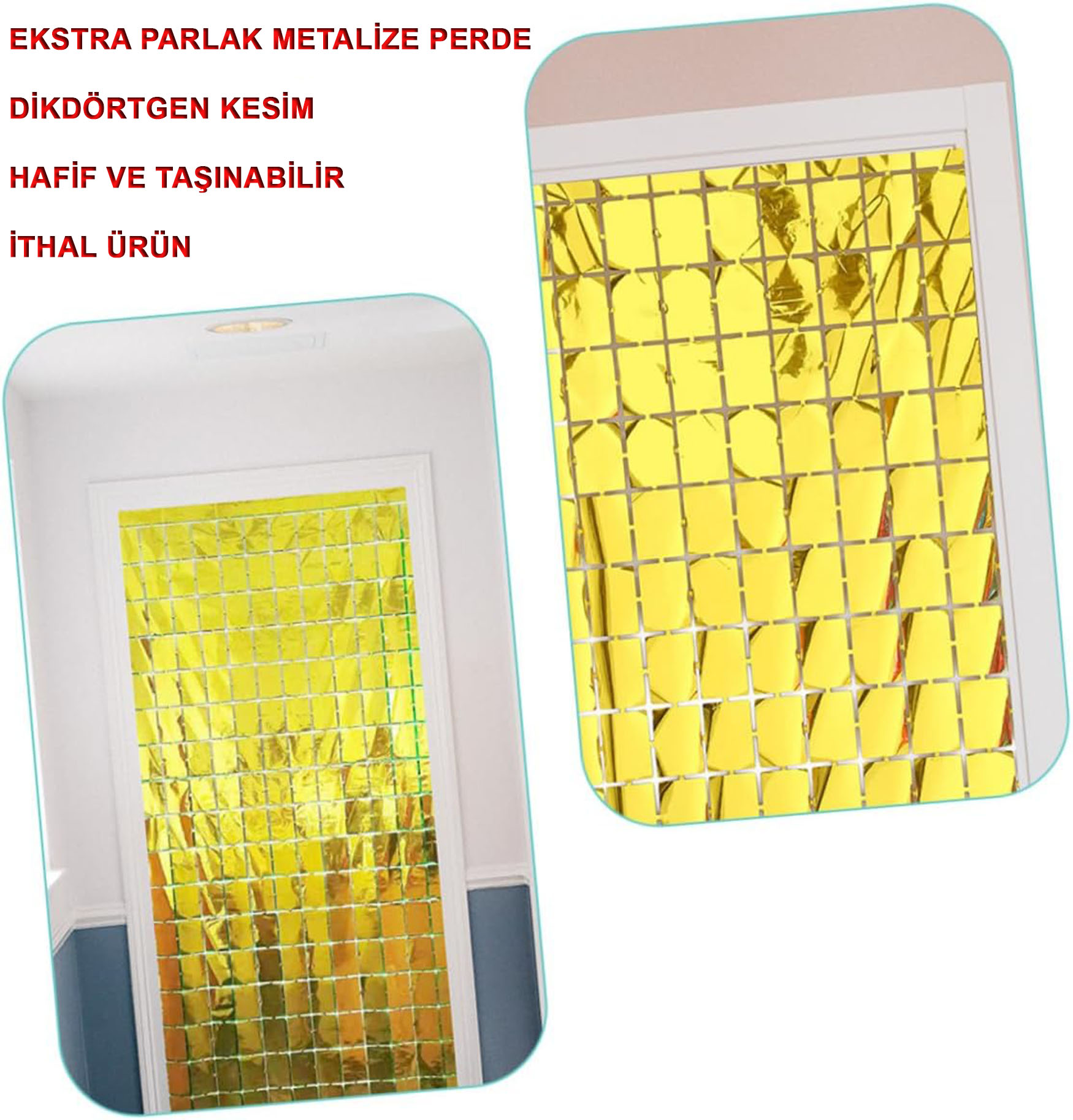 Ekstra Metalize Altın Renk Disko Dikdörtgen Kesim Kapı Perdesi Dekorasyon 1x2 Metre (4812)