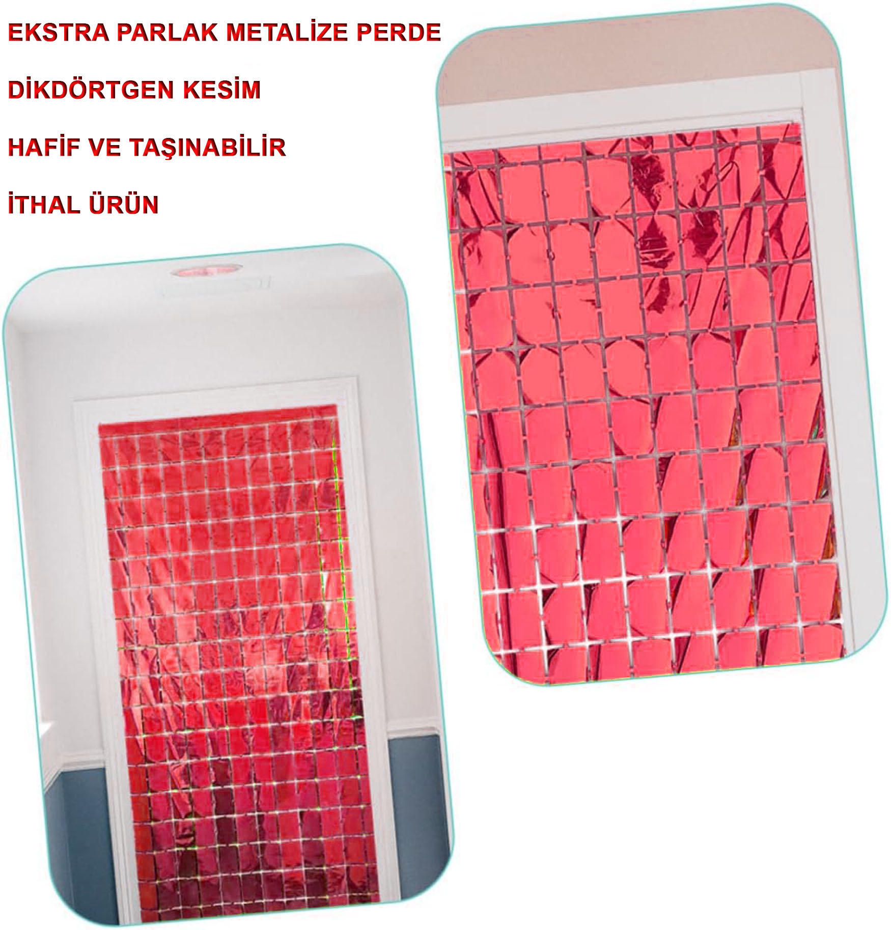 Ekstra Metalize Kırmızı Renk Disko Dikdörtgen Kesim Kapı Perdesi Dekorasyon 1x2 Metre (4812)
