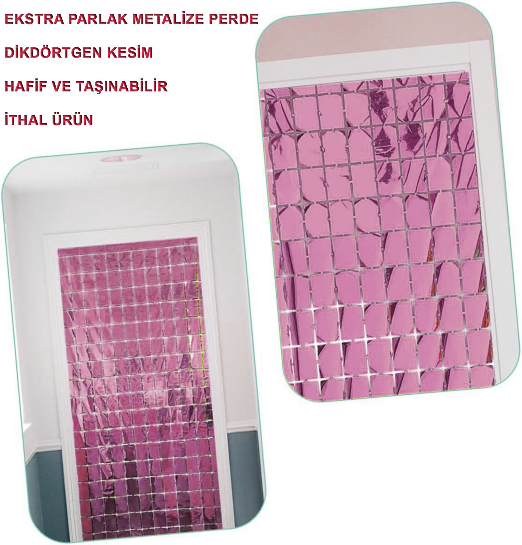 Ekstra Metalize Rose Gold Renk Disko Dikdörtgen Kesim Kapı Perdesi Dekorasyon 1x2 Metre (4812)
