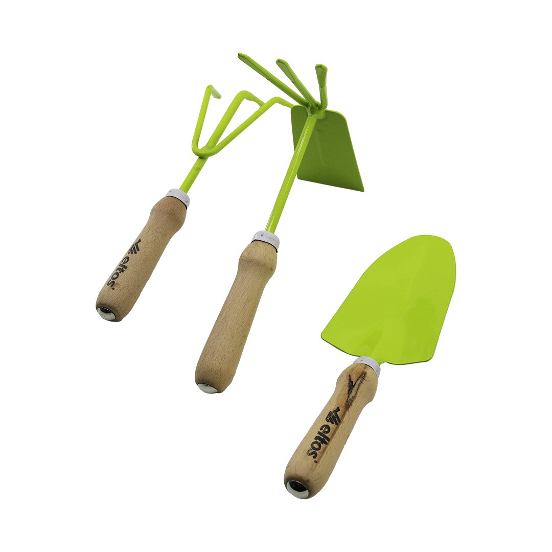 ELTOS EBS-003  3PCS  BAHÇE HOBİ SETİ  RENKLİ METAL   ÇİFT BAŞLI ÇAPA - 3 DİŞLİ TIRMIK - KÜREK  AHŞAP SAPLI (4812)