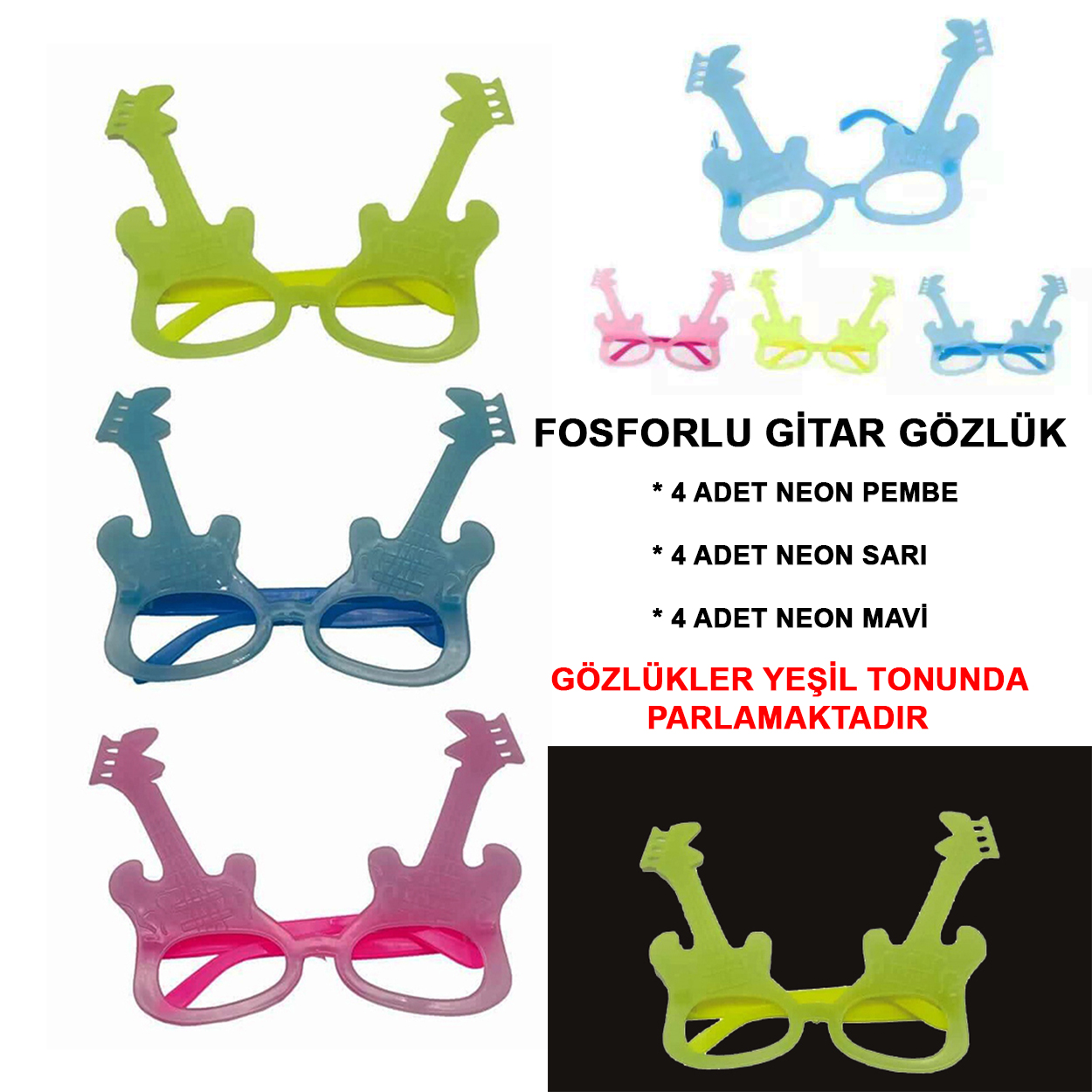 Fosforlu Gitar Model Glow Parti Gözlüğü Karanlıkta Yanan Gözlükler 12 Adet (4812)