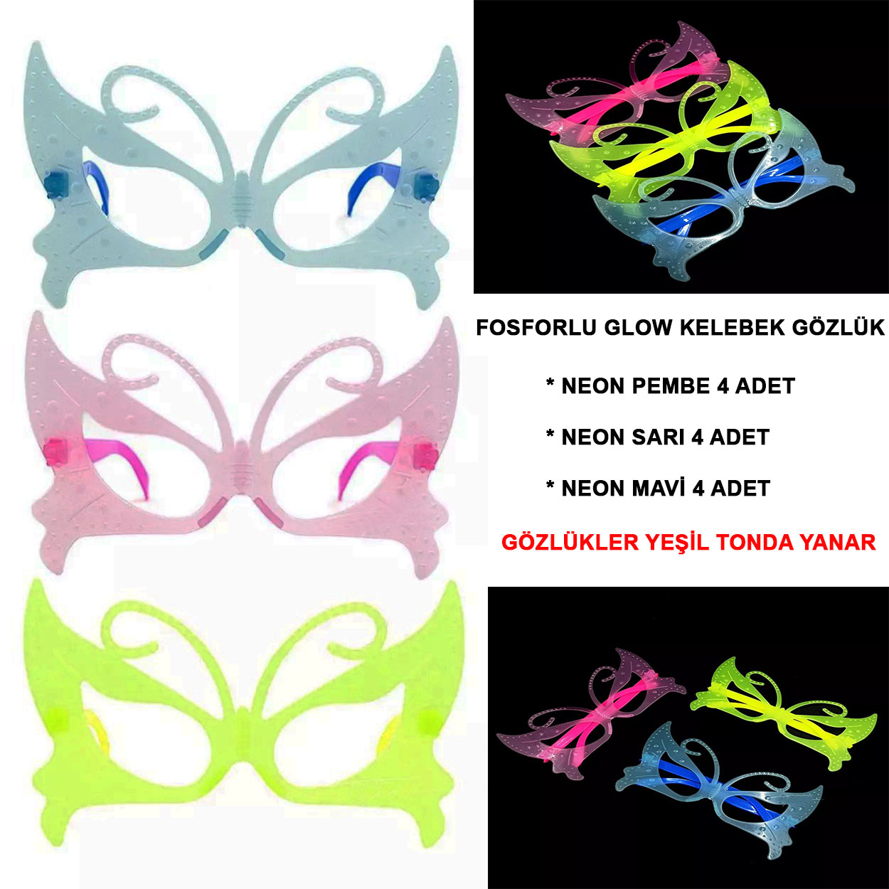 Fosforlu Kelebek Model Glow Parti Gözlüğü Karanlıkta Yanan Gözlükler 12 Adet (4812)