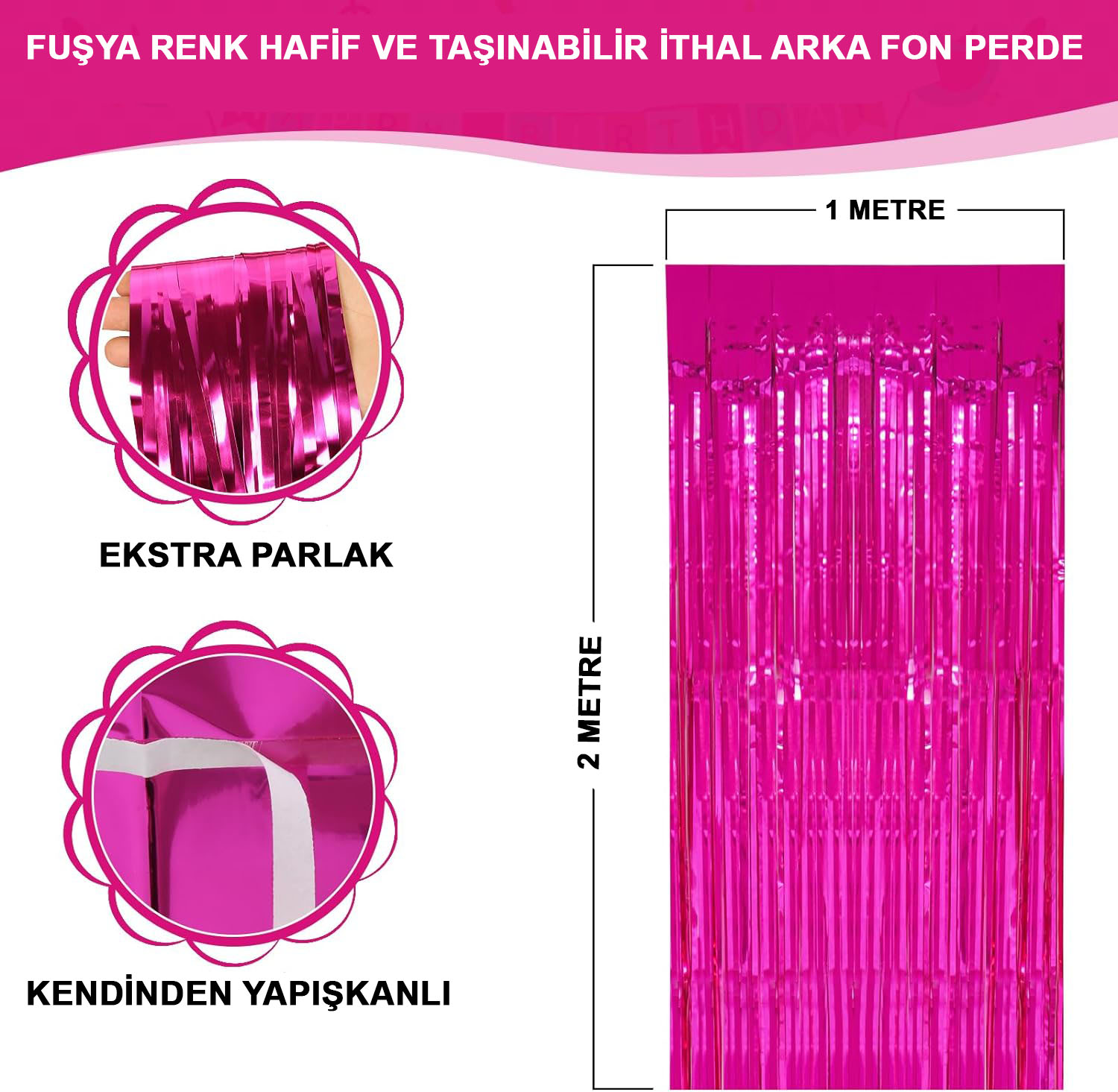 Fuşya Renk Ekstra Metalize Parlak Saçaklı Arka Fon Perde İthal A Kalite 1x2 Metre (4812)
