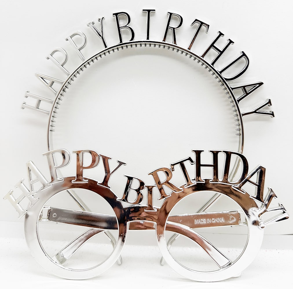 Happy Birthday Yazılı Taç ve Happy Birthday Yazılı Gözlük Seti Gümüş Renk (4812)