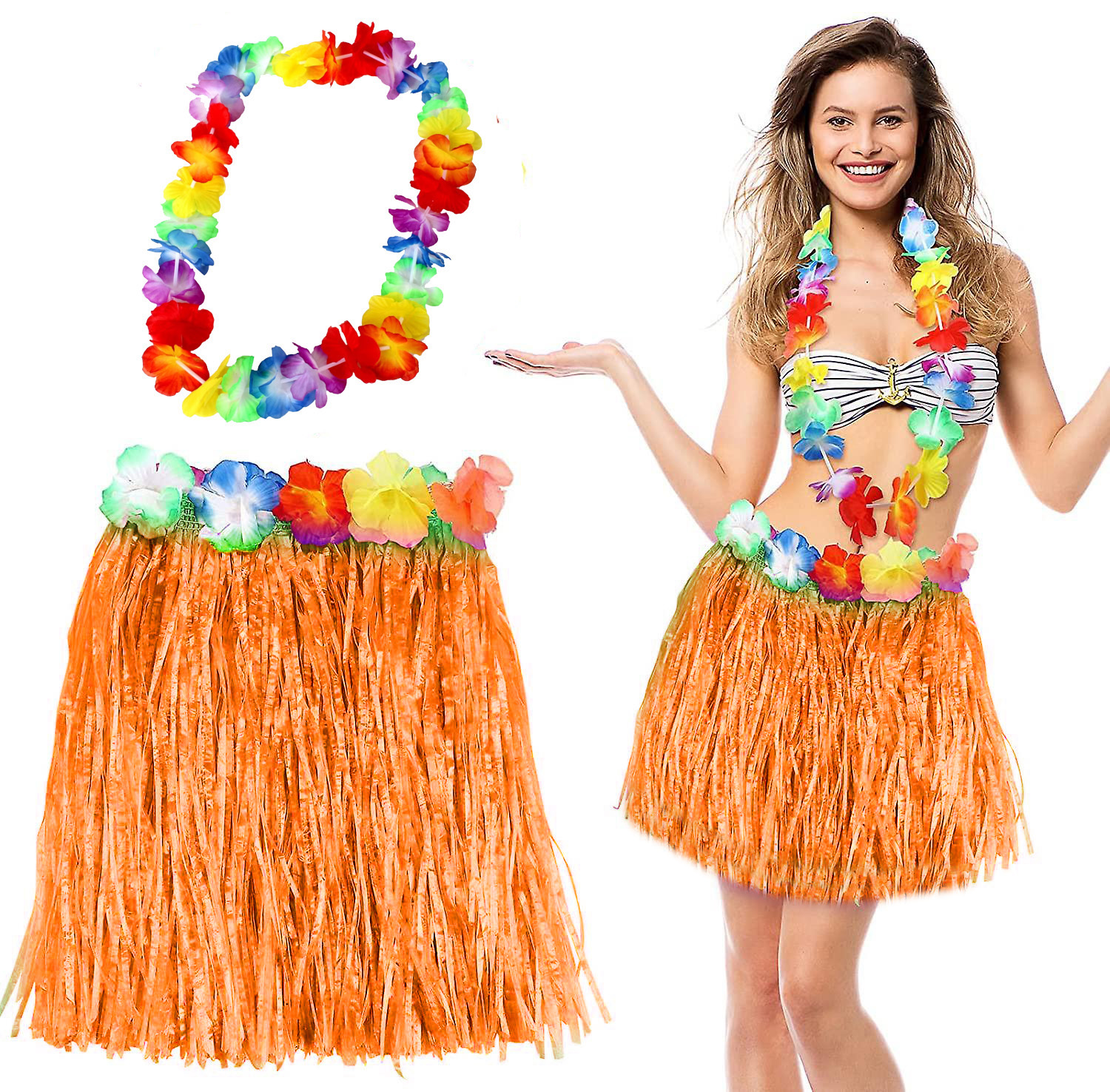 Hawaii Luau Aloha Turuncu Püsküllü 40 cm Etek ve Hawaii Kolye Seti (4812)