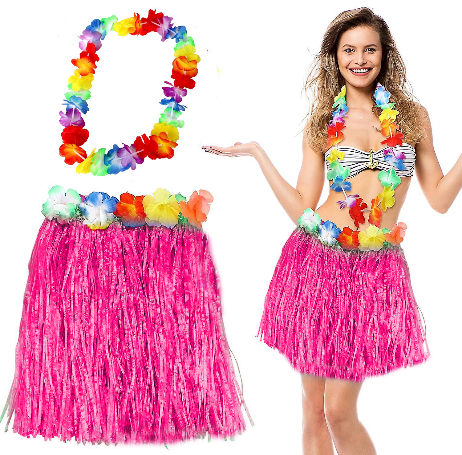 Hawaii Luau Aloha Pembe Püsküllü 40 cm Etek ve Hawaii Kolye Seti (4812)