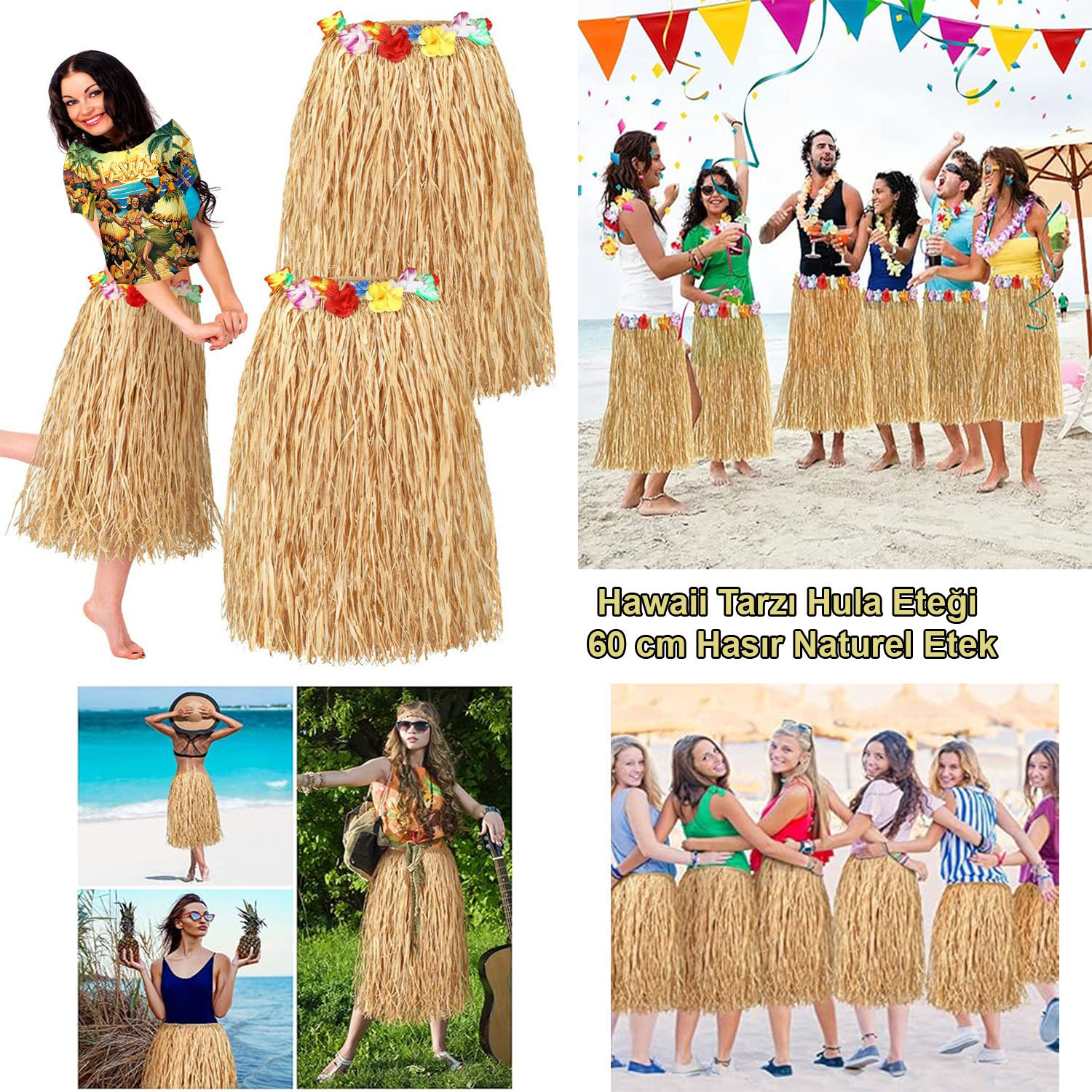 Hawaii Tarzı Hula Eteği – 60 cm Hasır Naturel Etek (4812)