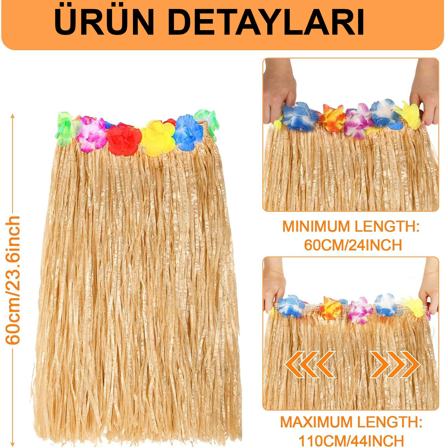 Hawaii Tarzı Hula Eteği – 60 cm Hasır Naturel Etek (4812)