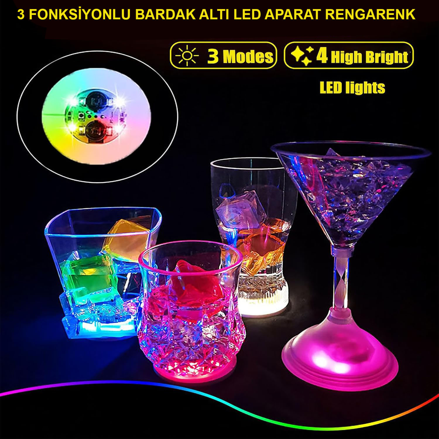 Işıklı Yapışkanlı Bardak Altı Aparatı Ledli 3 Fonksiyonlu 6 cm Çap (4812)