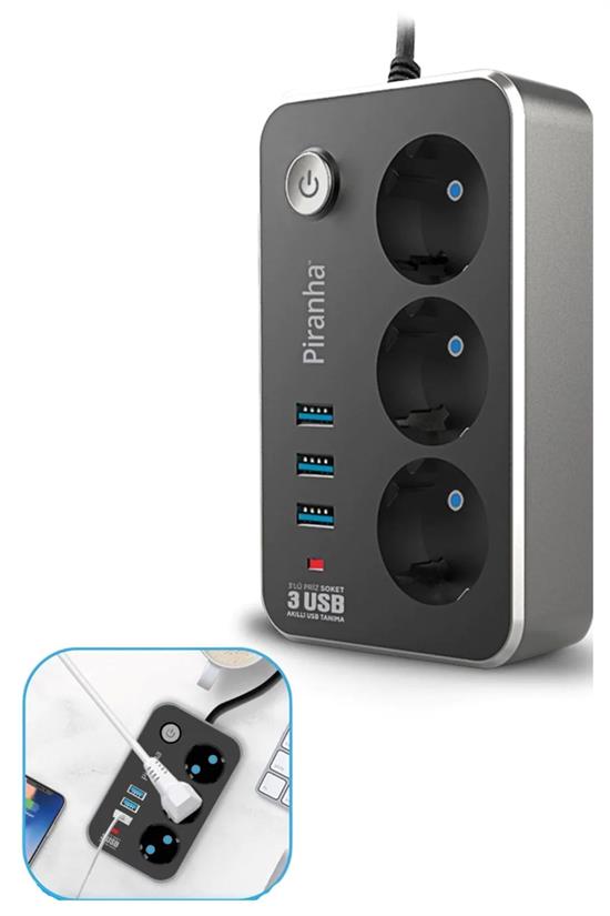 Isıya Dayanıklı Termal Akım Korumalı 2 Mt 10A 2500W 3lü Priz ve 3 Usbi 2.1A Uzatma Kablosu (4812) Isıya Dayanıklı Termal Akım Korumalı 2 Mt 10A 2500W 3lü Priz ve 3 Usbi 2.1A Uzatma Kablosu (4812)