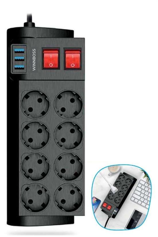 Isıya Dayanıklı Termal Akım Korumalı 2 Metre 16A 4000W 8li Priz ve 3 Usb Li Uzatma Kablosu (4812)