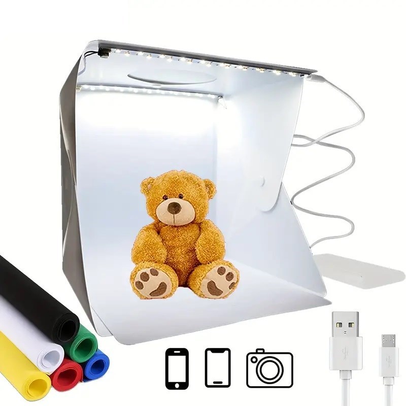 Katlanır Işıklı Fotoğraf Stüdyosu 40x40 cm 6 Renk Fonlu Ürün Çekimi İçin Uygun Fotoğraf Çekim Kutusu (4812)