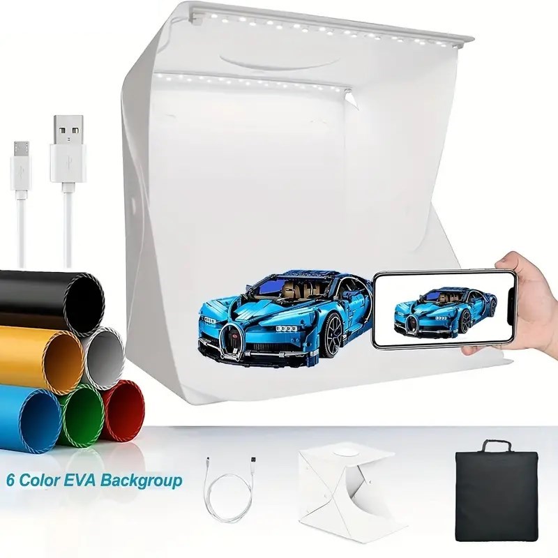Katlanır Işıklı Fotoğraf Stüdyosu 40x40 cm 6 Renk Fonlu Ürün Çekimi İçin Uygun Fotoğraf Çekim Kutusu (4812)