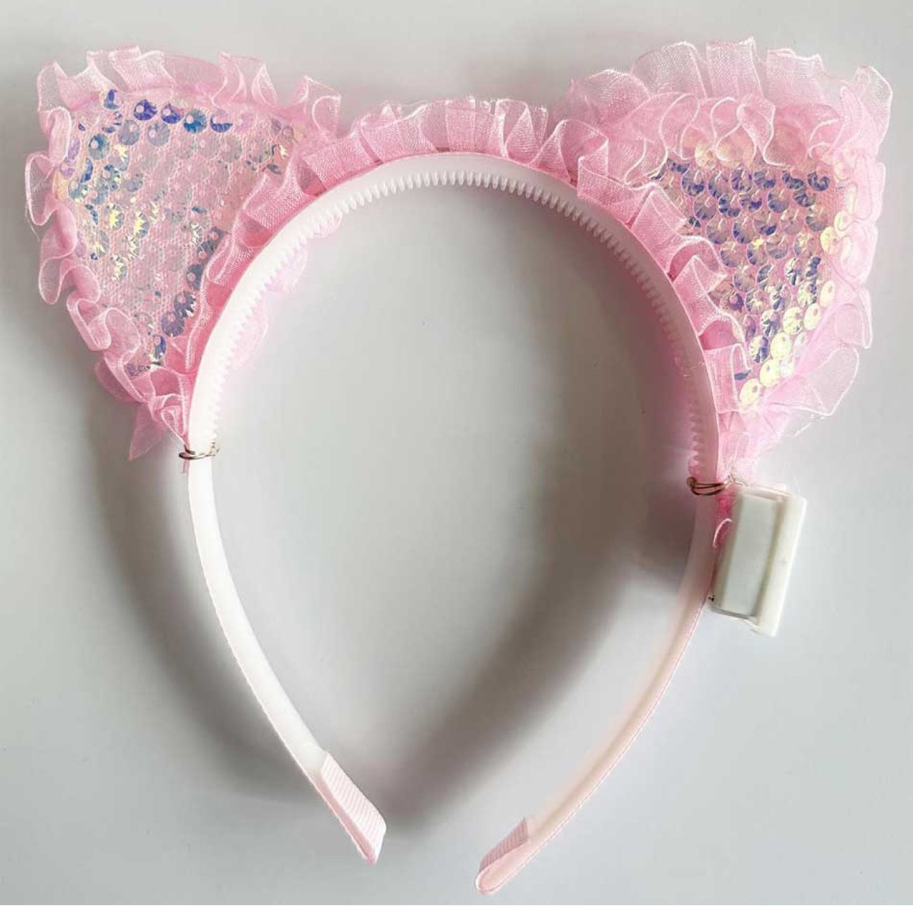 Kenarları Dantelli Pembe Pullu Payetli Led Işıklı Kedi Kulak Taç 17x19 cm (4812)