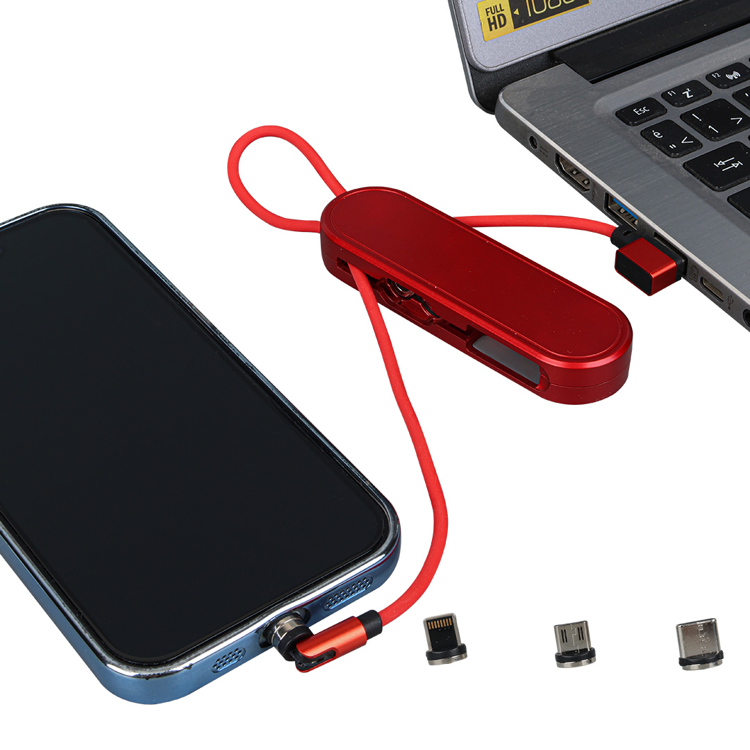 KIRMIZI 3İN1 (TYPE C- LİGHTNİNG- MİCRO USB) MANYETİK UÇ TAŞINABİLİR ŞARJ KABLOSU (4812)