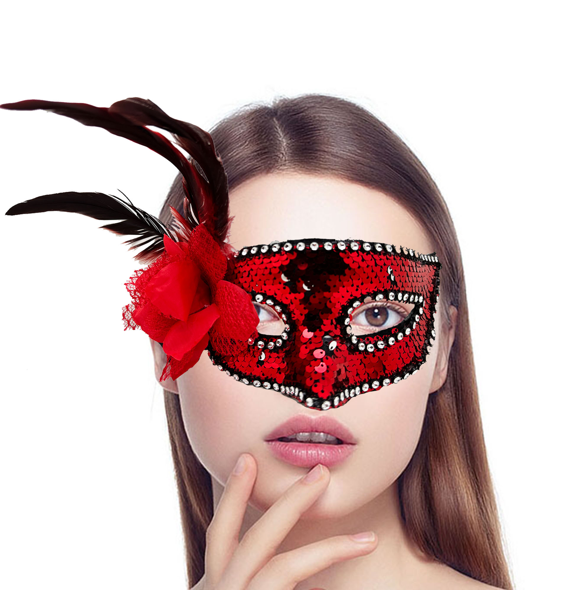 Kırmızı Renk Yandan Tüylü Güllü Gümüş Taşlı Pullu Maske 20x22 cm (4812)