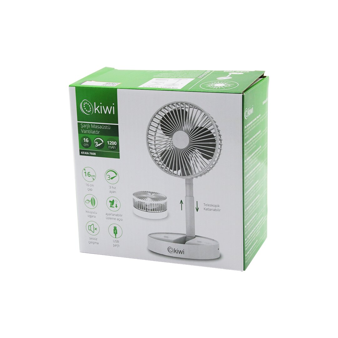 KİWİ KFAN-7608 MASA ÜSTÜ VANTİLATÖR USB ŞARJLI16CM - 4.5WUZA-KISA- AÇILI AKROBAT KOLLUTELEFONLUKLU3 KADEME HIZ (4812)