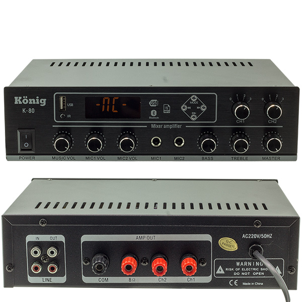KÖNİG K-80 MİNİ-80W 100V/70V/4-16 OHM USB/SD/BLUETOOTH/2 BÖLGELİ 2 MİK.GİRİŞ TRAFOLU ANFİ (4812)