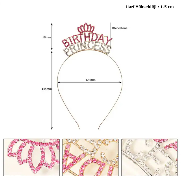 Kristal Taşlı Pembe Birthday Princess Yazılı Parti Tacı 19x11 cm (4812)
