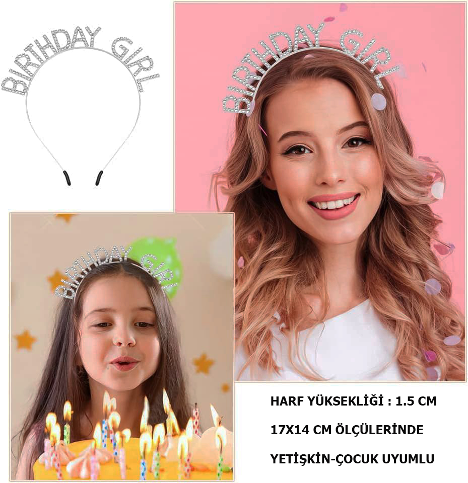 Kristal Taşlı Gümüş Birthday Girl Yazılı Doğum Günü Parti Tacı 19x11 cm (4812)