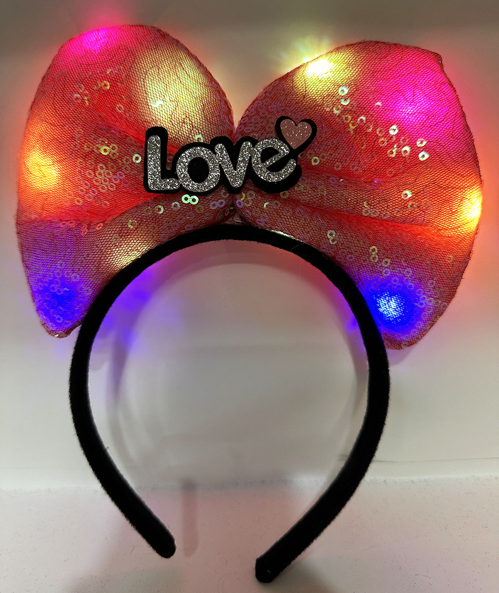 Led Işıklı 3 Farklı Fonksiyonda Yanan Gümüş Love Yazılı Fuşya Pembe Fiyonk Taç 20X17 cm (4812)
