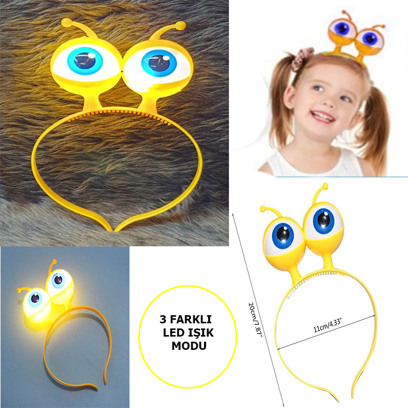 Led Işıklı &amp;amp; Pilli 3 Farklı Modda Yanan Uzaylı Göz Parti Tacı Sarı Renk 18x12 cm (4812)
