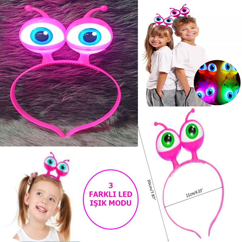 Led Işıklı &amp;amp; Pilli 3 Farklı Modda Yanan Uzaylı Göz Parti Tacı Pembe Renk 18x12 cm (4812)
