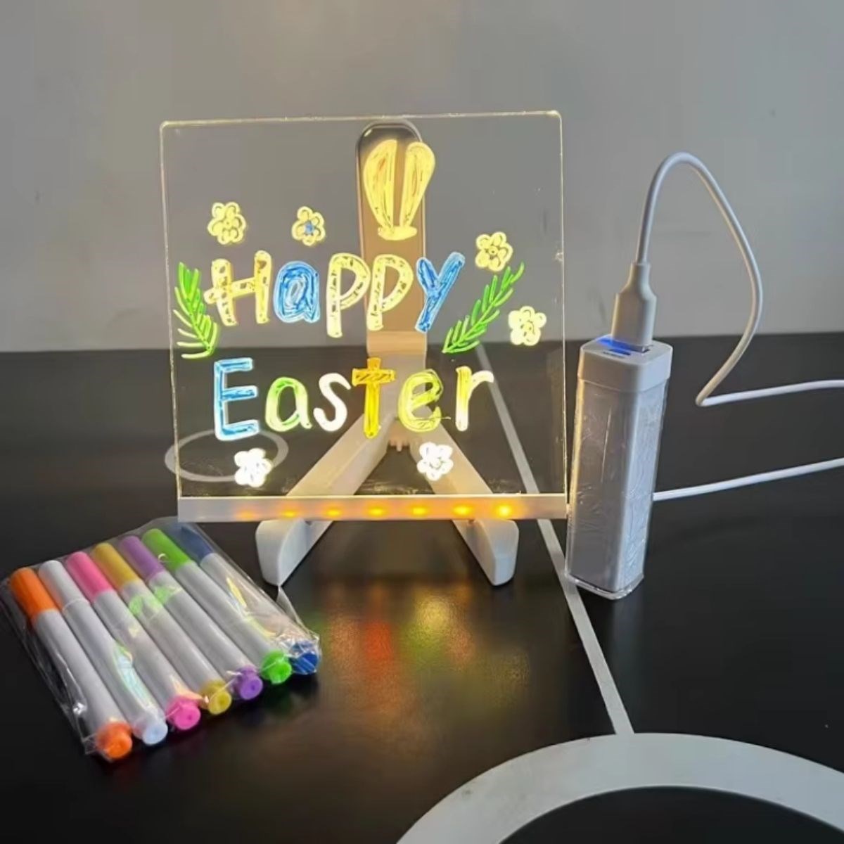 LED Işıklı Kendiliğinden Renkli Fosforlu Kalemli Kare Yazı Panosu 20x20 cm (4812)
