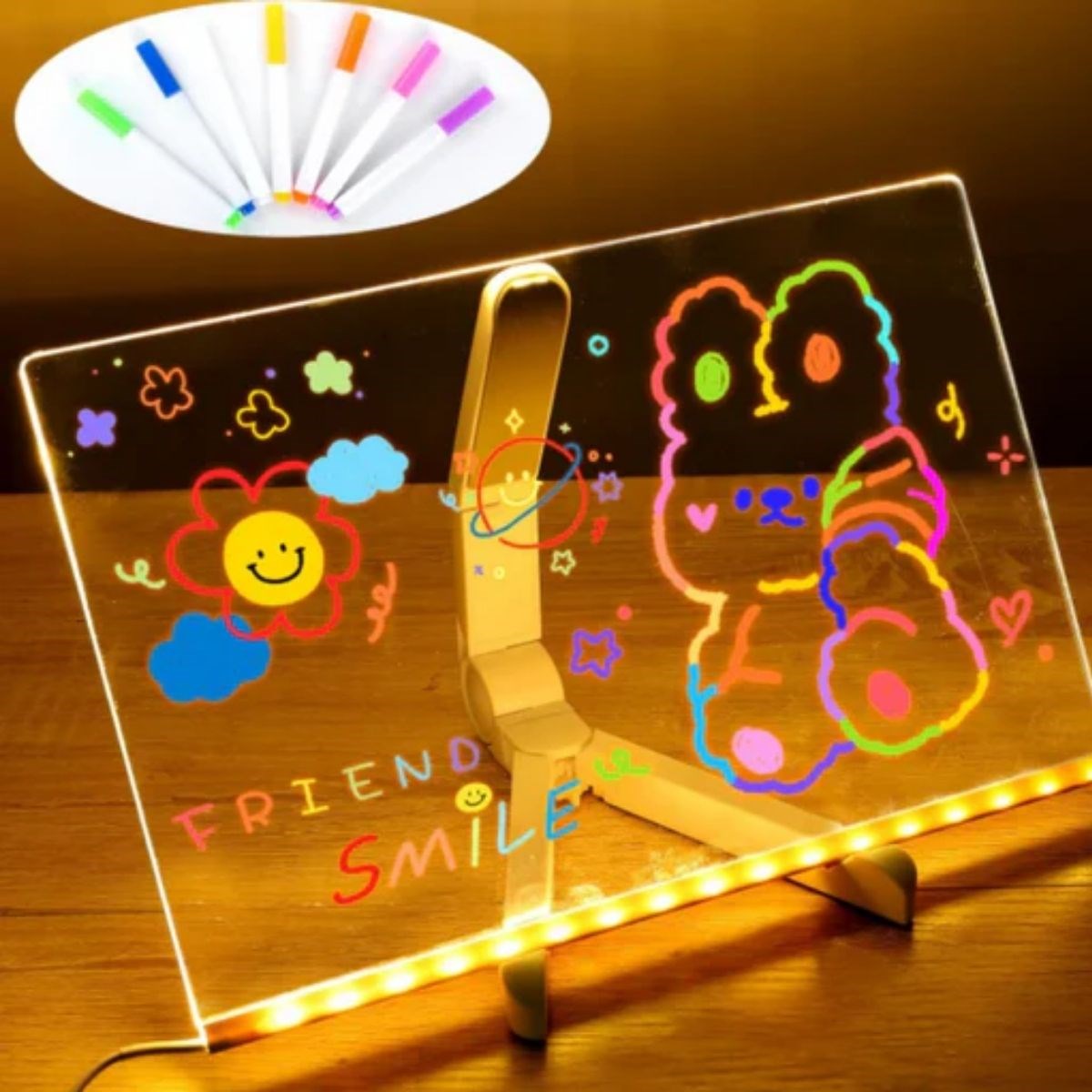 LED Işıklı Kendiliğinden Renkli Fosforlu Kalemli Dikdörtgen Yazı Panosu 20x30 cm (4812)