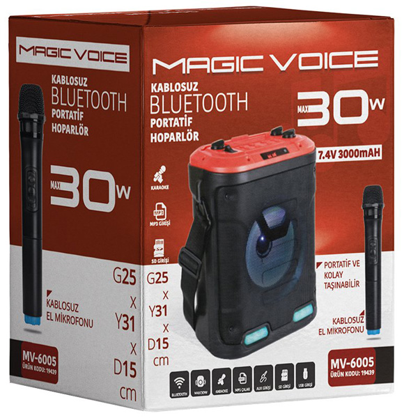 MAGICVOICE MV-6005 VHF EL MİK-USB/SD/BT30 WATT IŞIKLI TAŞINABİLİR ŞARJLI  SEYYAR ANFİ (4812)